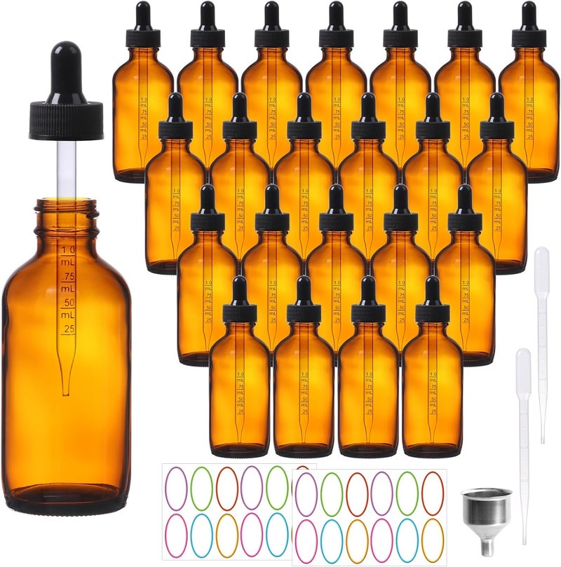 AuroTrends Amber Dropper Bottle 2 oz 24Pack, Glass Tincture Bottles with Dropper - Amber Glass Dropper Bottle 2 oz with Funnel/Stickers/Plastic Graduated Pipette (2fl.oz, Set of 24) - Image 1